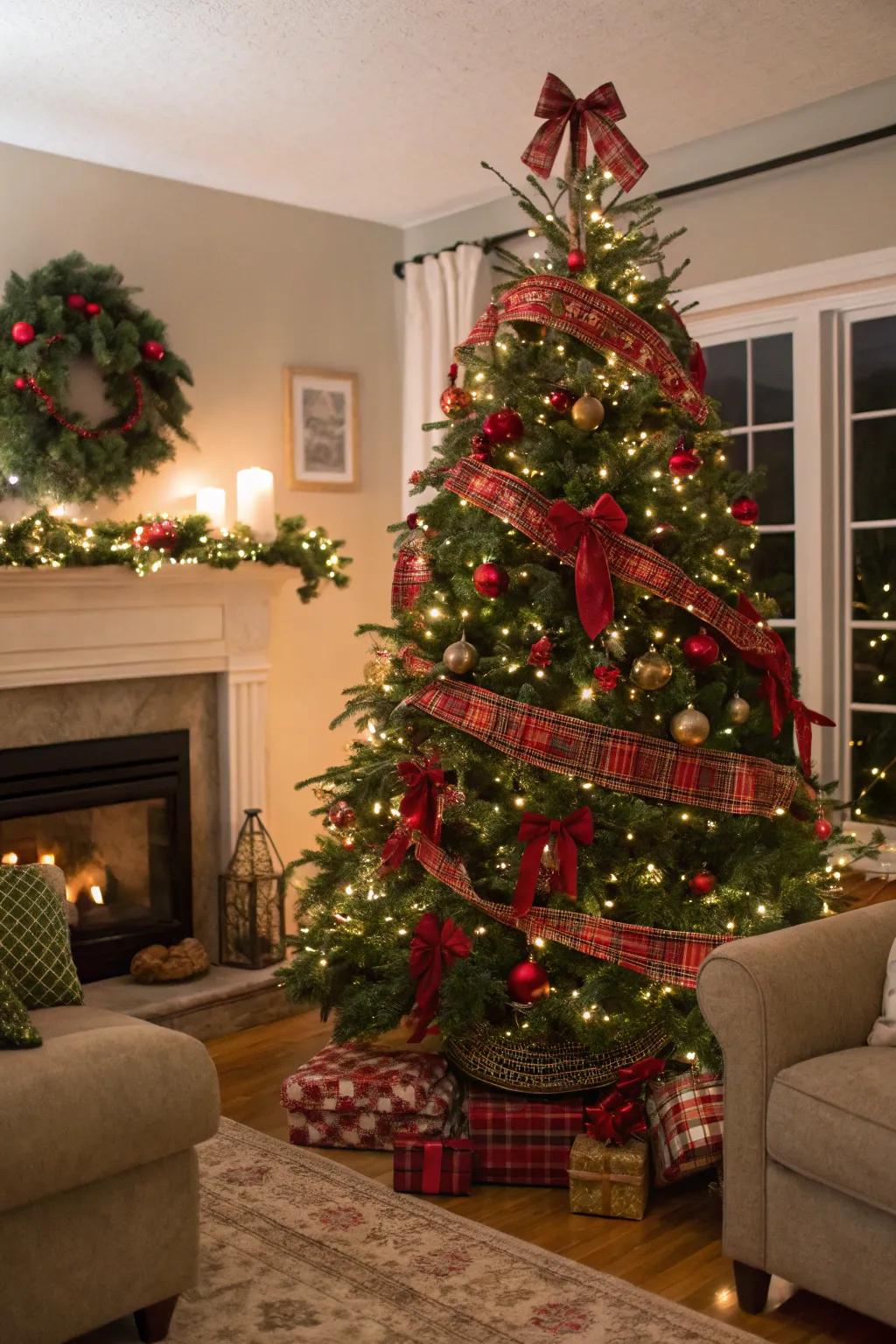 A classic red and green Christmas tree with plaid ribbons exudes timeless charm.