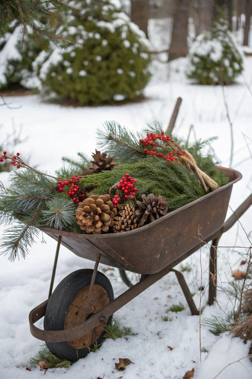 A wheelbarrow planter celebrating the season with evergreen and berries.