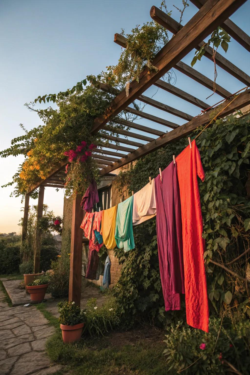 A wooden trellis clothesline harmonizes utility and nature.