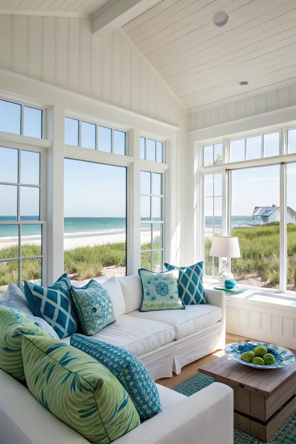 A sunlit and breezy living area showcasing a delicate seaside-inspired palette.