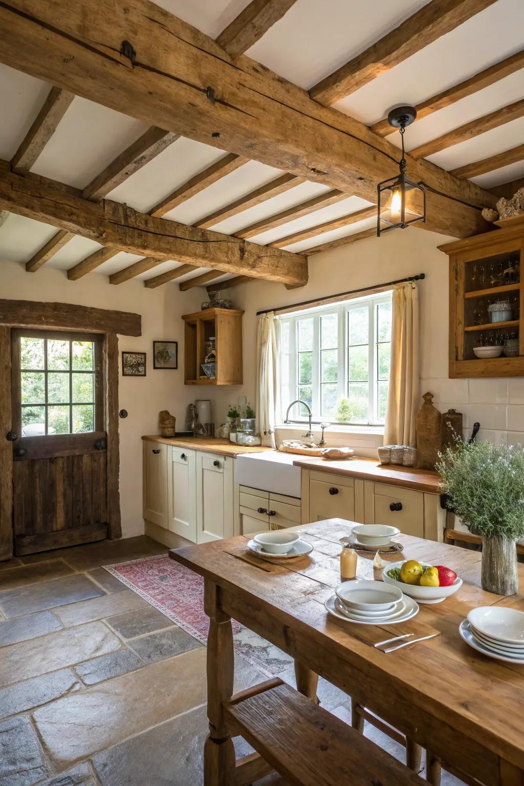 Exposed wood rafters and a rustic table create a snug country kitchen.