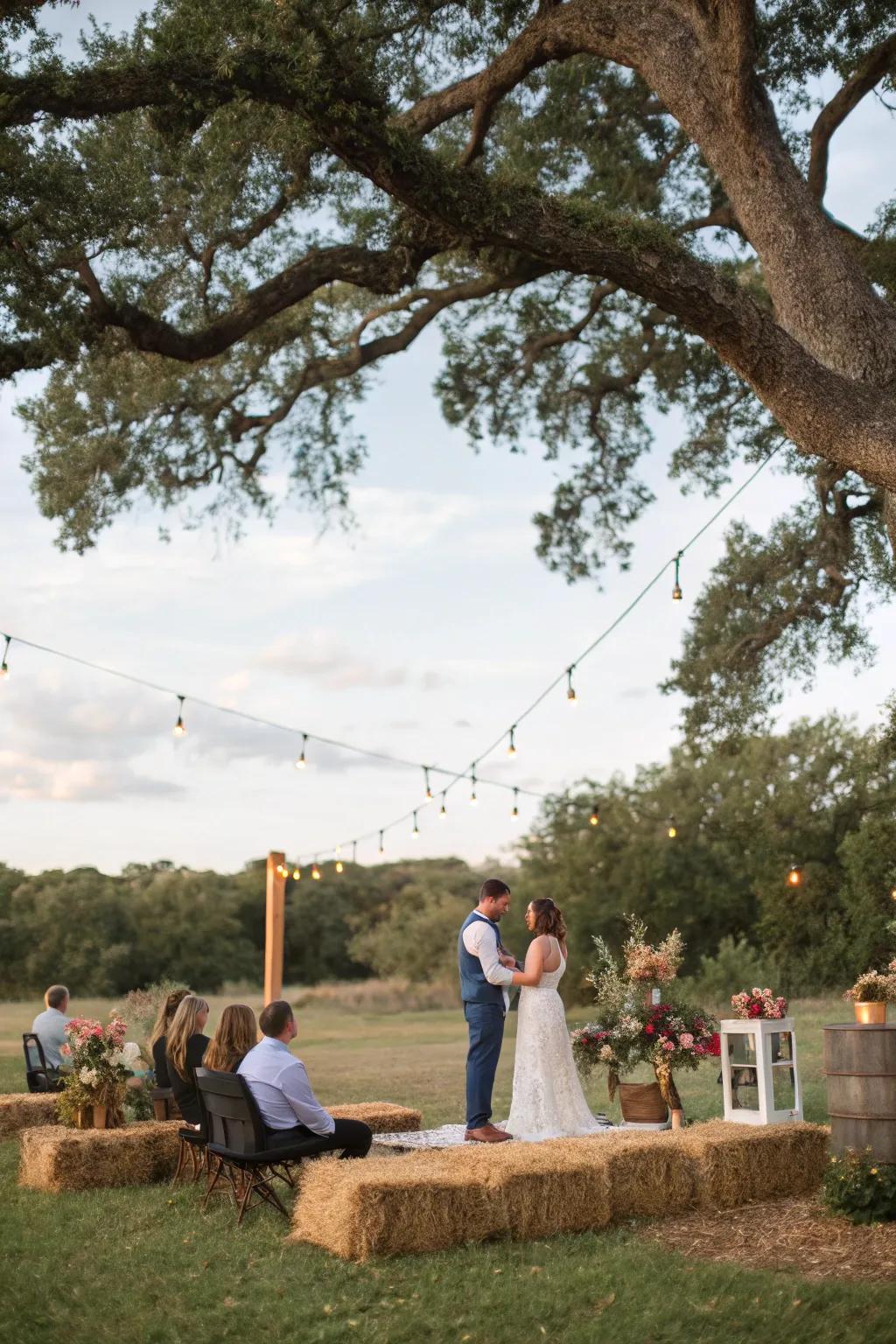 A romantic outdoor ceremony set beneath a majestic oak tree.