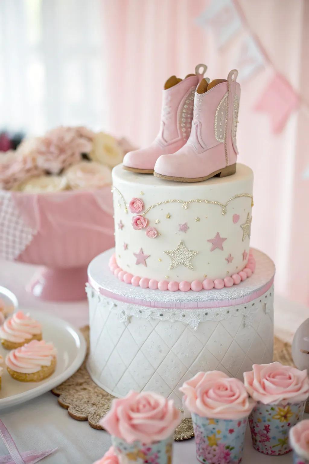 A lovely cake enhanced with fondant cowgirl boots, bringing the spirit of the West to your baby shower.