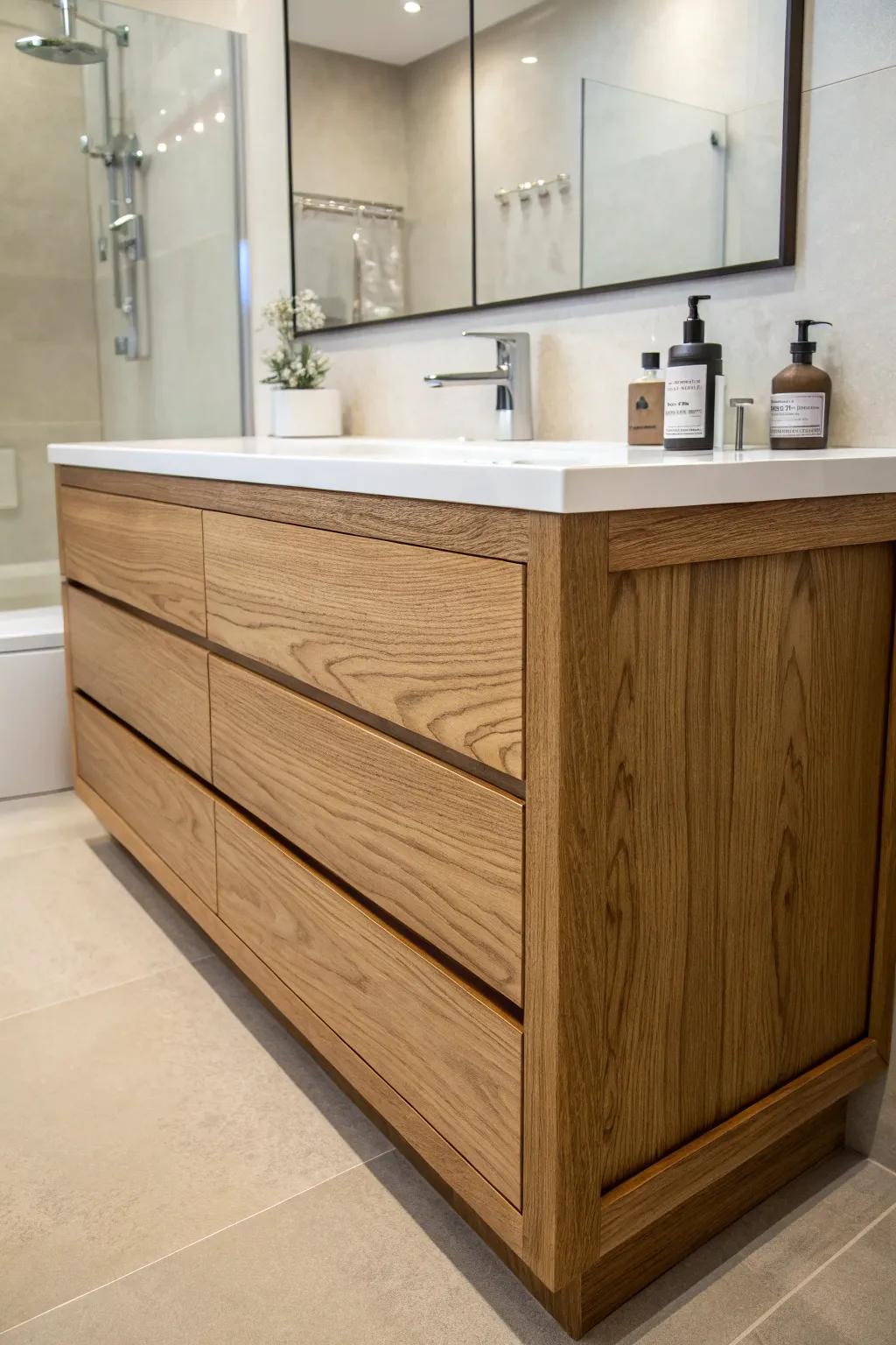 A craftsman bathroom vanity showcasing rich oak wood tones.