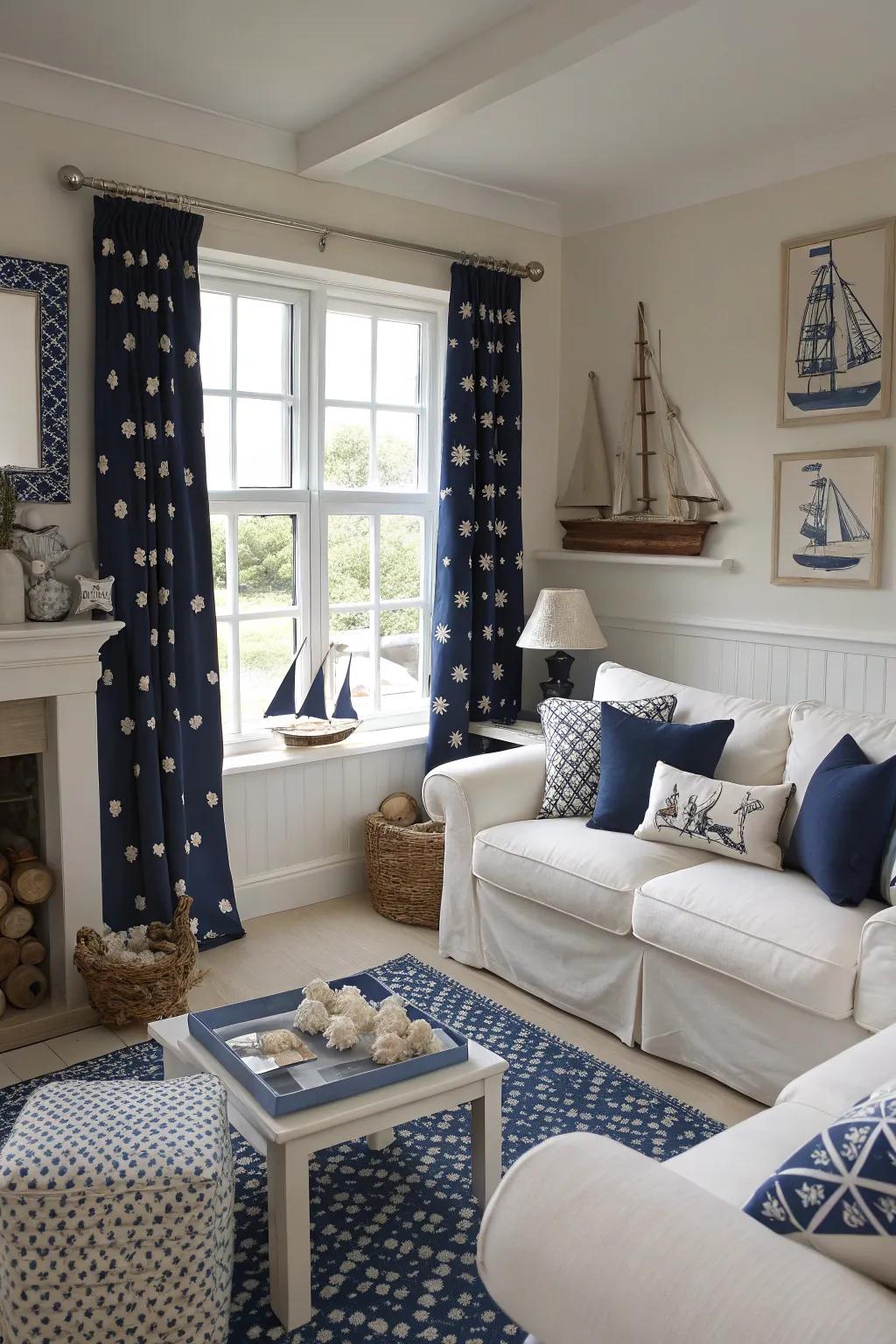 Classic navy and white create a timeless nautical look.