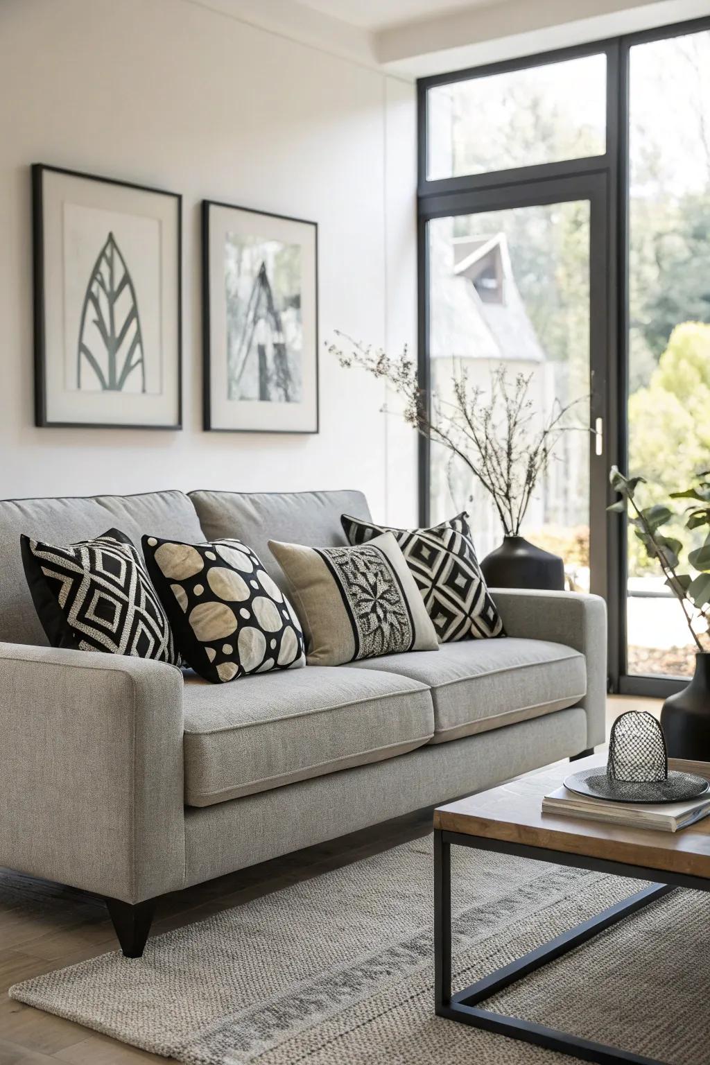Monochrome pillows impart an enduring grace to a charcoal sofa.