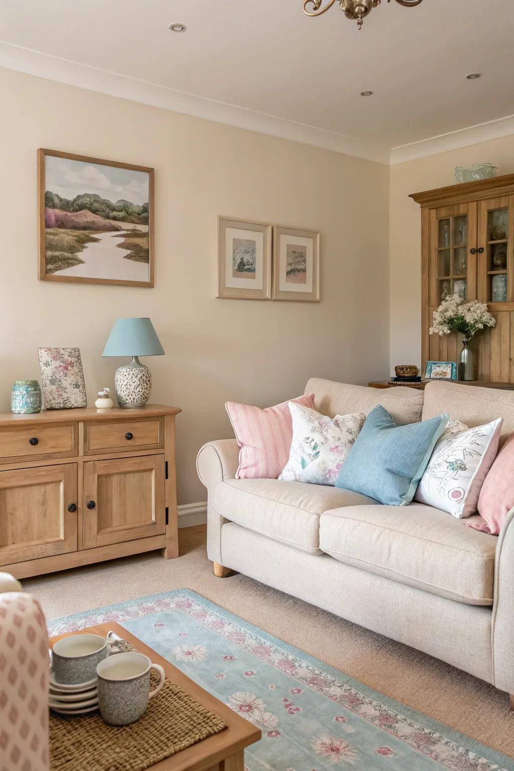 A living room with a soft color palette of pastels and neutrals.