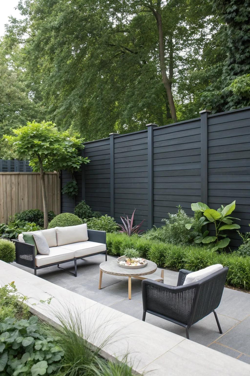 A minimalist garden showcases a deep charcoal barrier with sleek design and modern furniture.