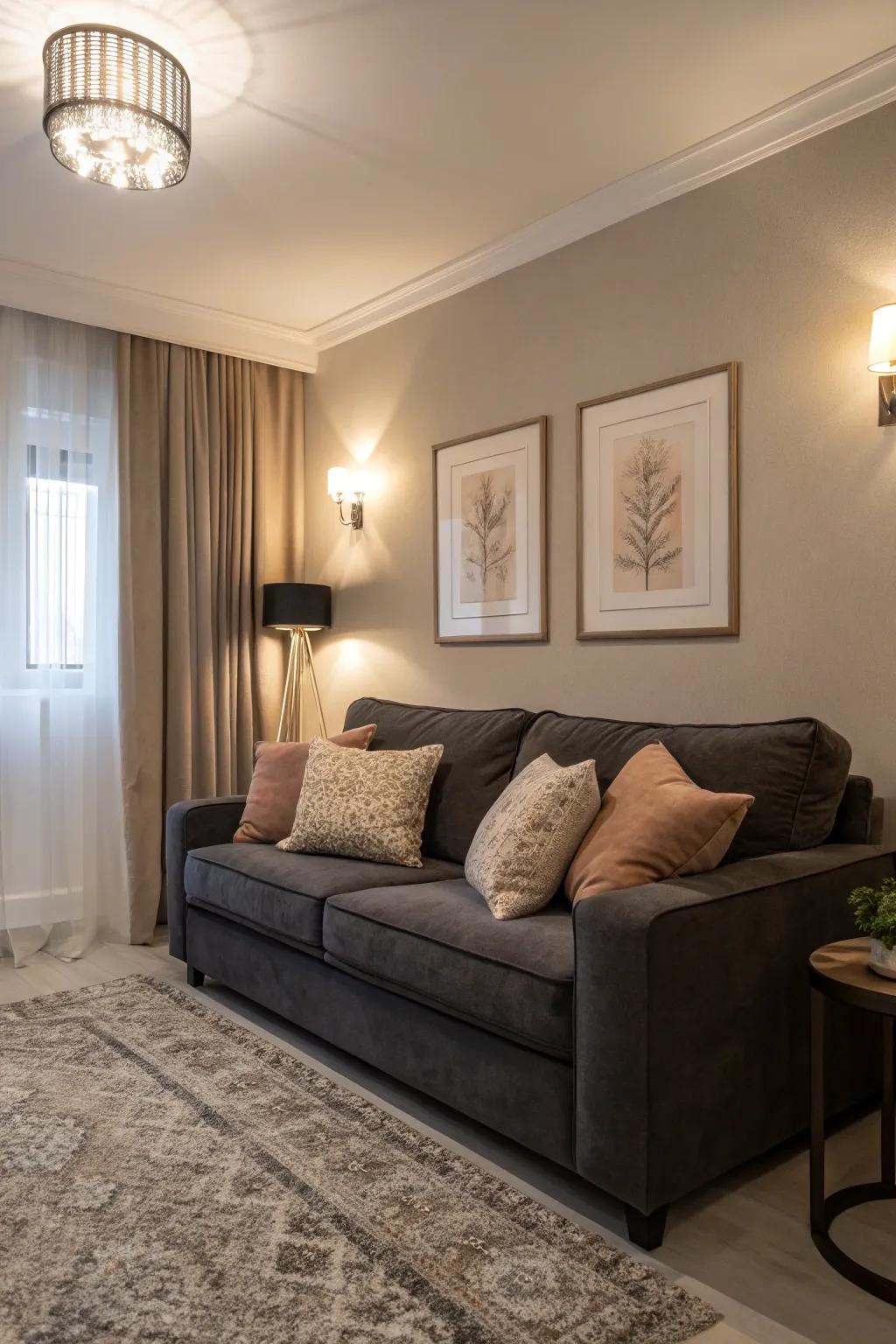 Warm neutrals complement the depth of a dark grey sofa beautifully.