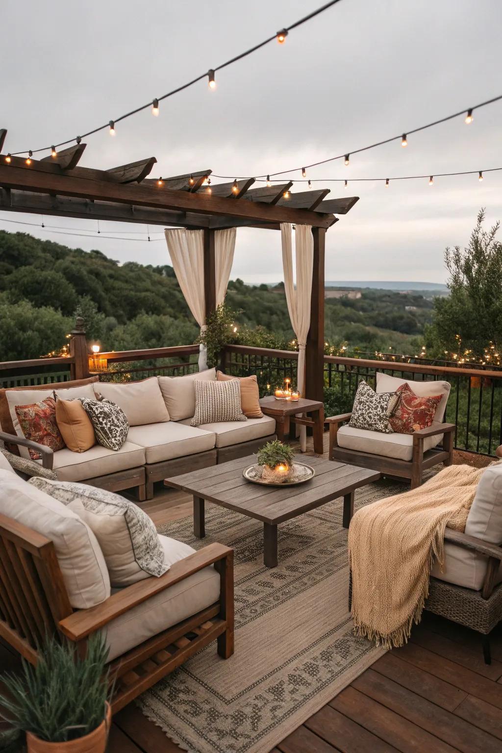 Invite relaxation with a cozy lounge setup perfect for intimate gatherings.