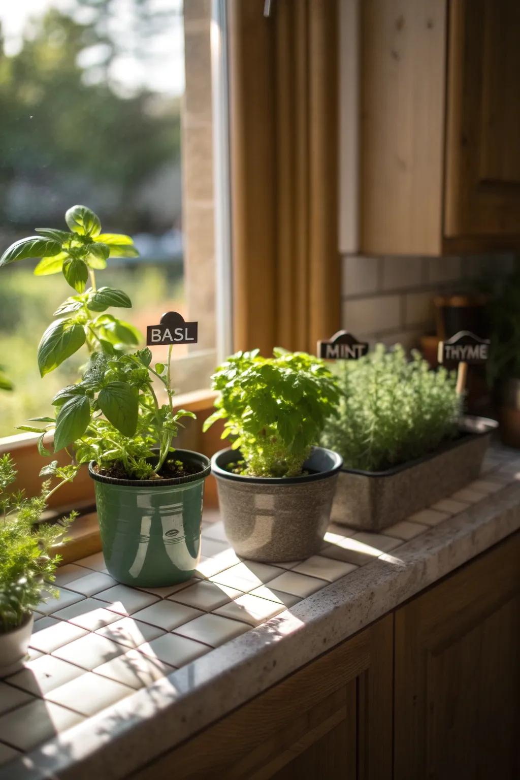 A kitchen windowsill decorated with vibrant herbs and verdant plants.