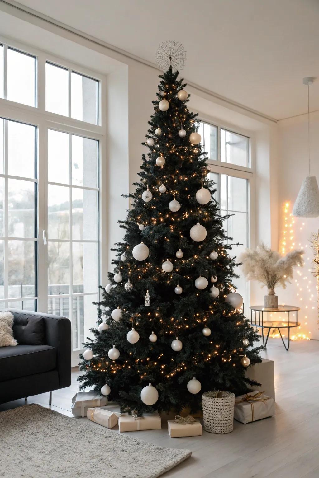 A sophisticated ebony Christmas tree accented with ivory ornaments.