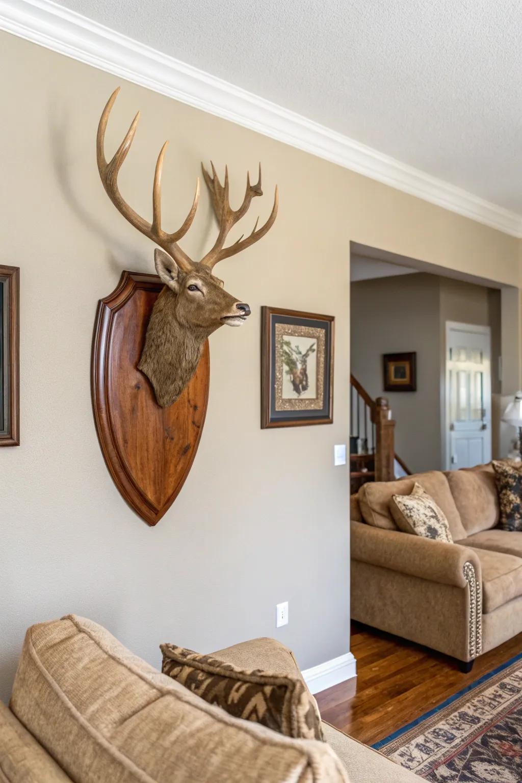 Classic deer antler mount on a polished wooden panel brings an air of sophistication to a living room bathed in neutral tones.