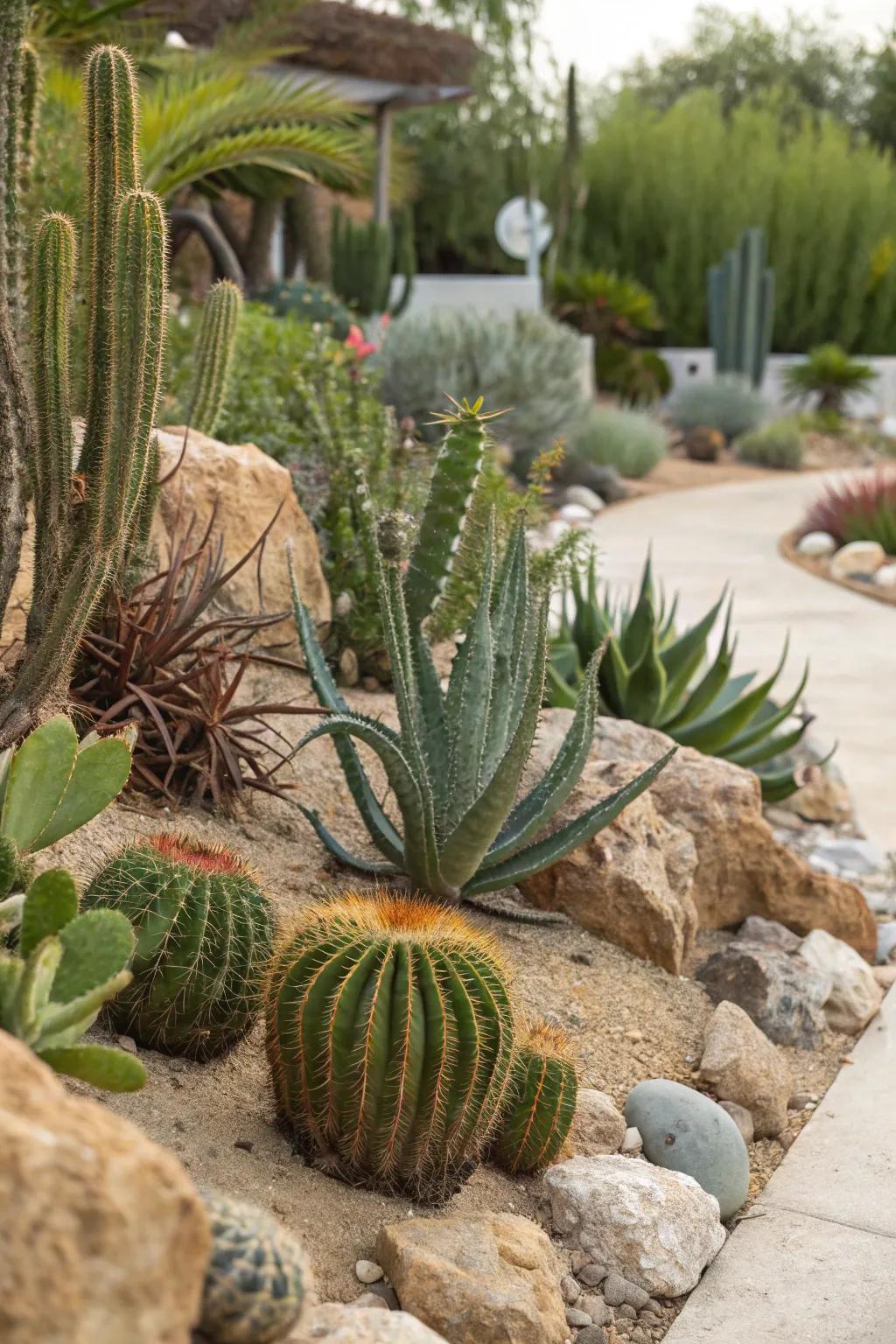 A lively arrangement of cacti and succulents, highlighting their distinct shapes and textures.