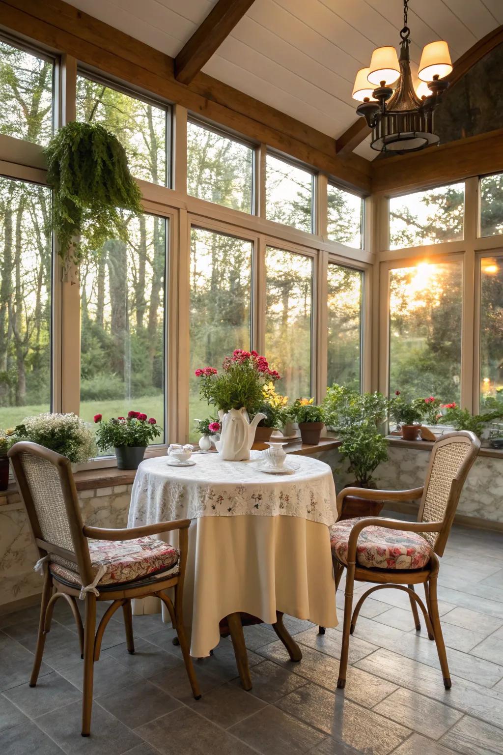 A sunroom dining area where the outdoors merge seamlessly, perfect for basking in nature's glow.