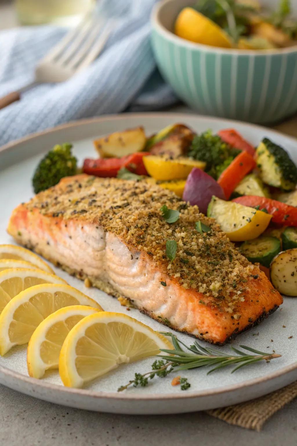 Herb-crusted salmon served with roasted vegetables, a delightful pairing.