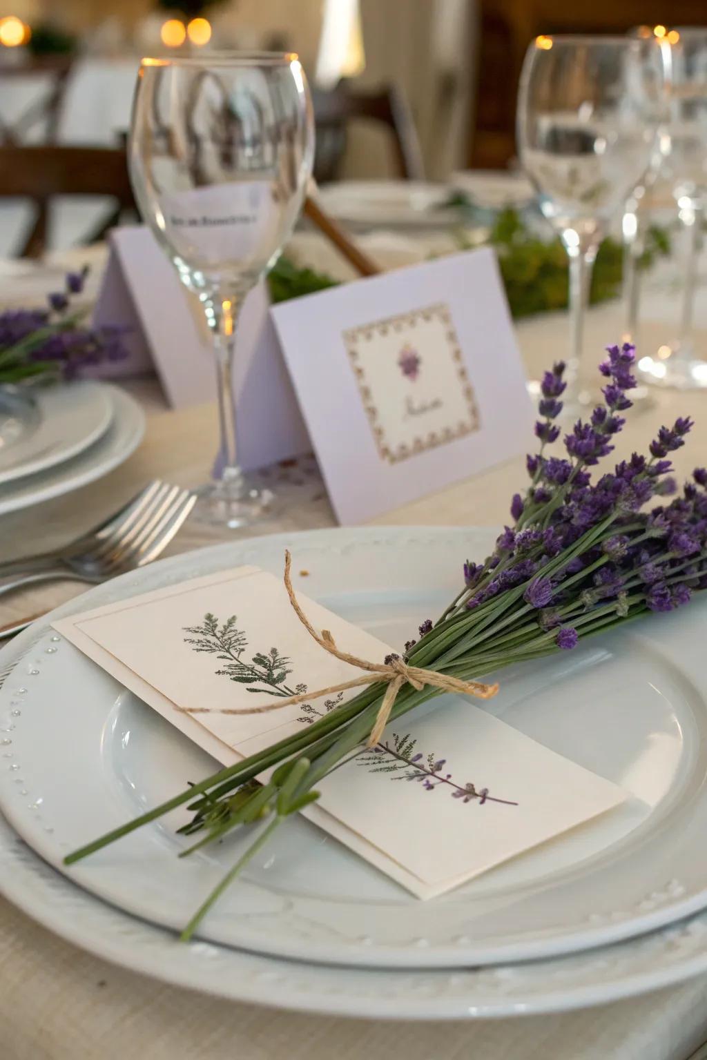 Add elegance with lavender-adorned place cards.