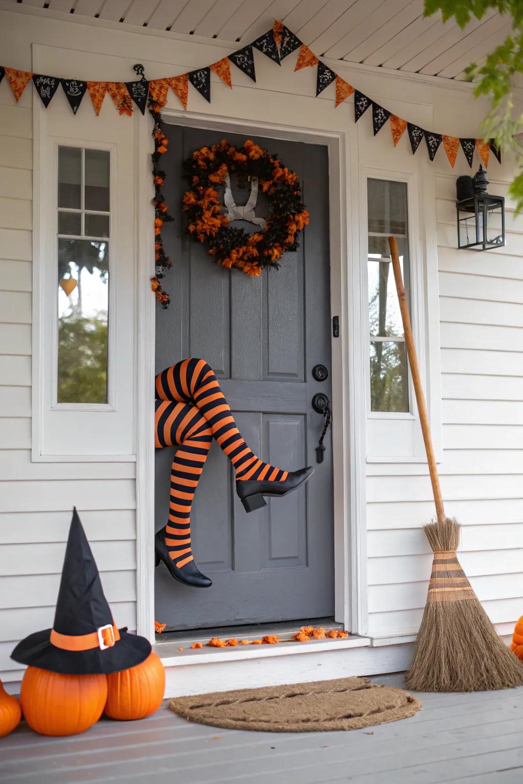 An enchanting sorceress mishap door decoration for All Hallow's Eve.