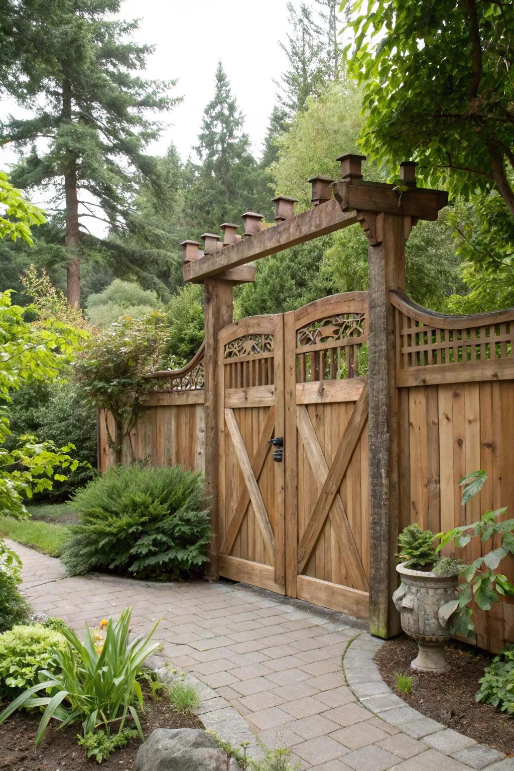 A timeless cypress gate harmoniously merges with the garden's intrinsic allure.