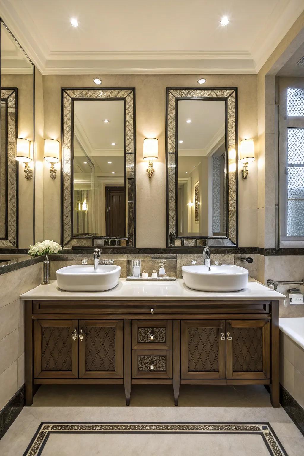 A symmetrical double vanity design with matching elements.