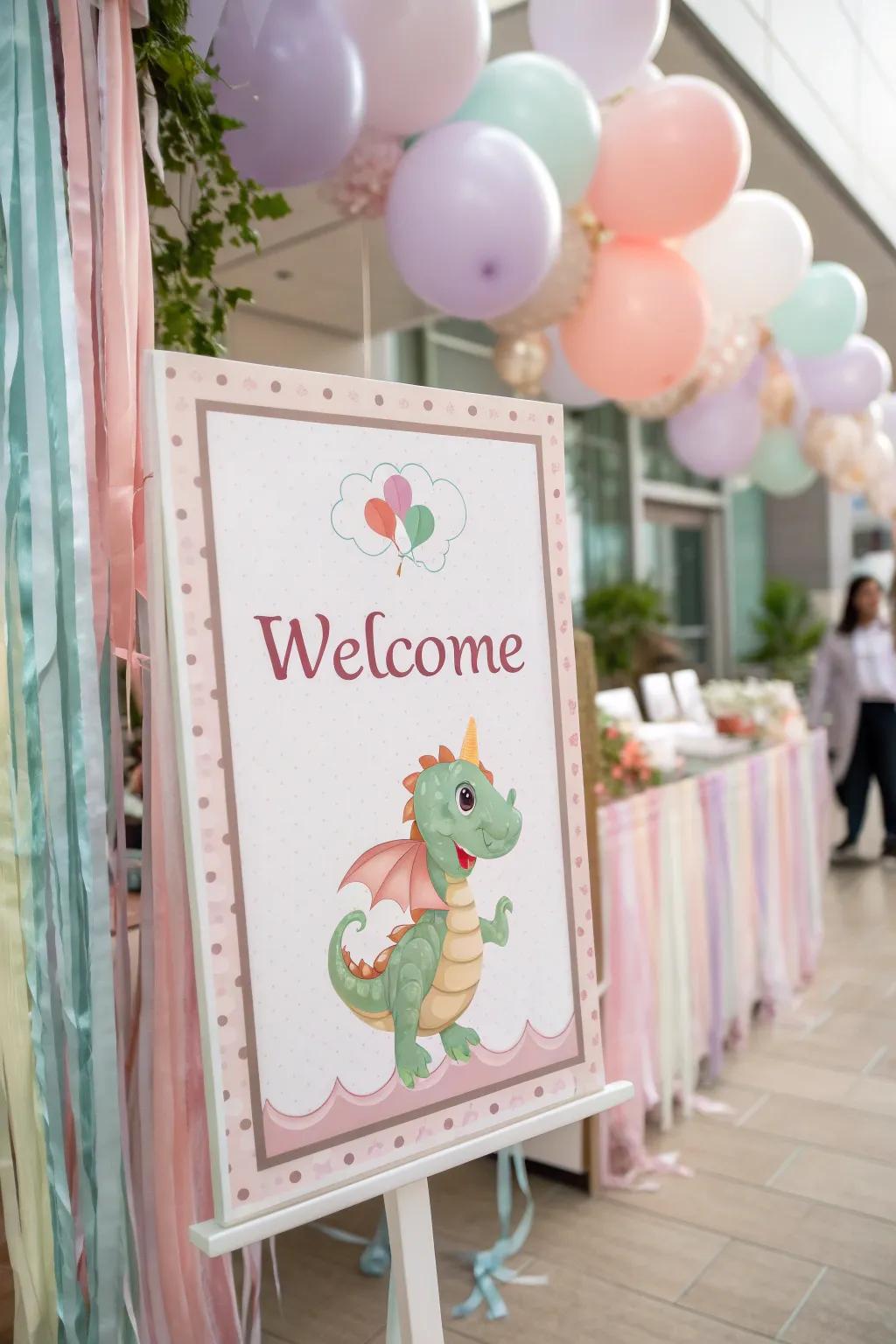 A charming dragon-themed welcome sign greets the guests.