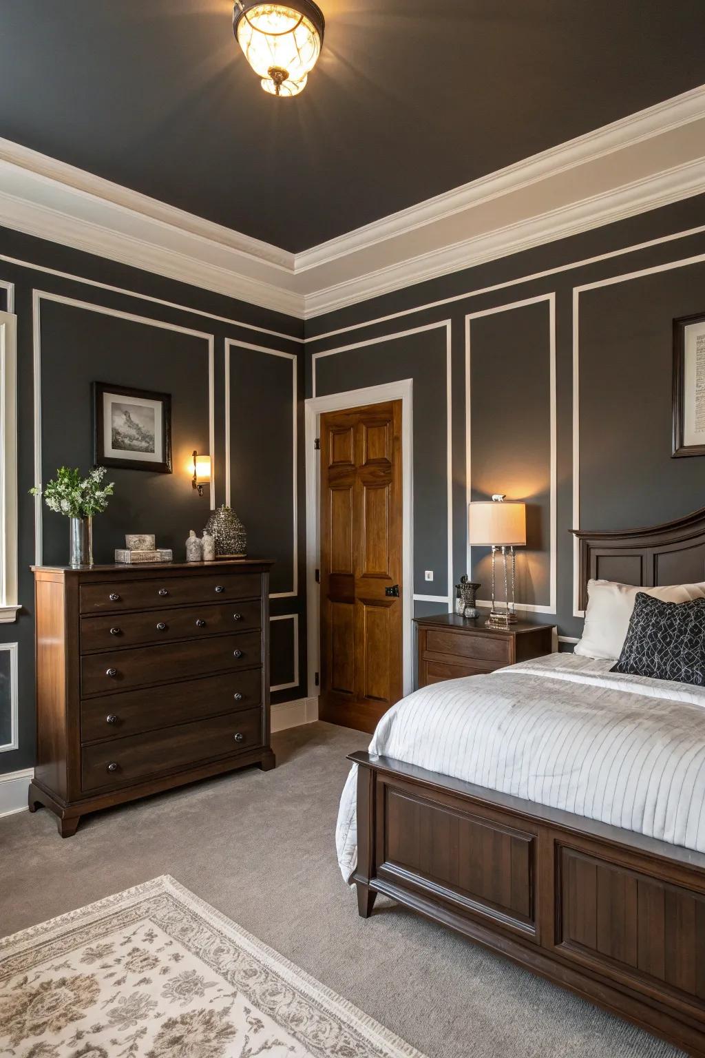 Profound charcoal walls contribute to a refined atmosphere within this striking bedroom.