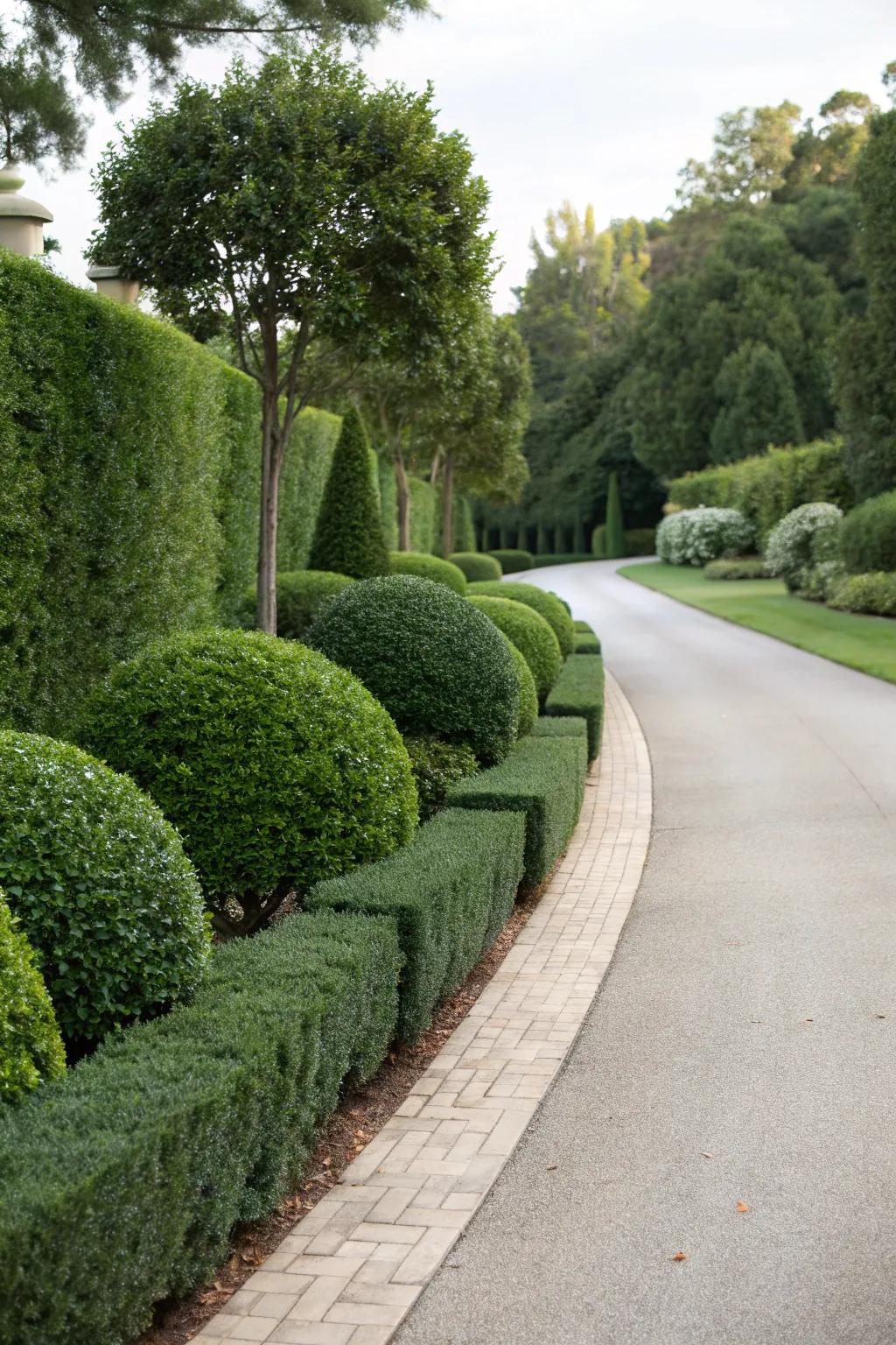 A driveway beautifully lined by classic boxwood hedges.