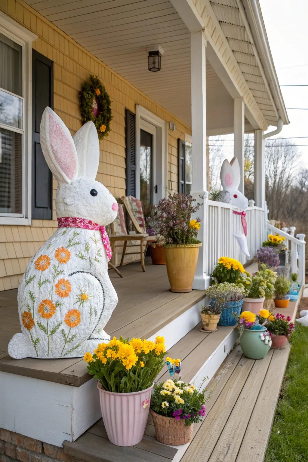 Bunny statues add a whimsical touch to your Easter porch.