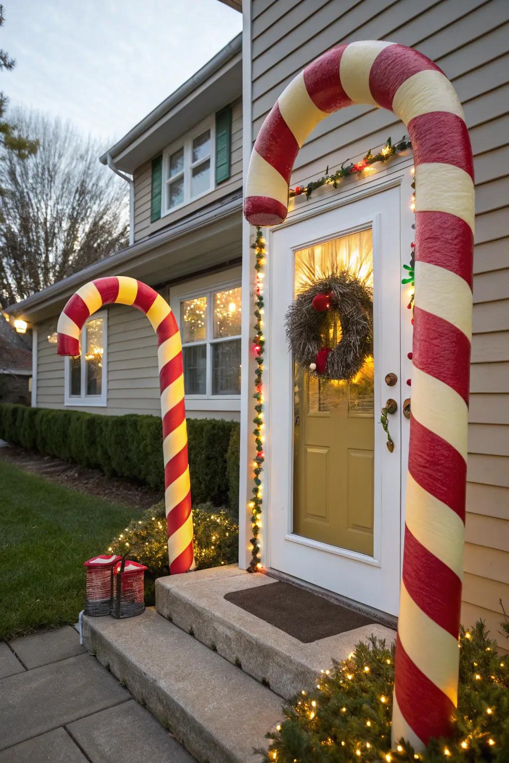 Foam tubes magically become sweet sticks, creating a whimsical door surround.