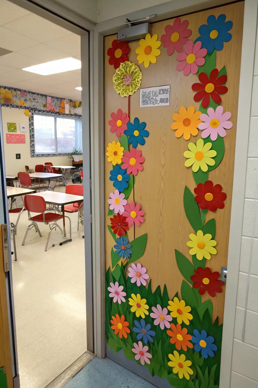 A classroom door adorned with a vibrant array of paper flowers, bringing the beauty of spring indoors.