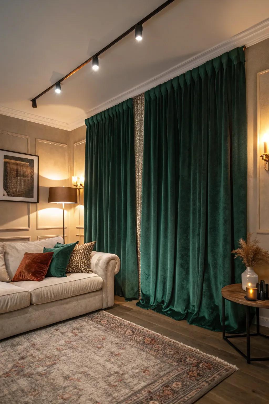 Deep green velvet curtains infuse a cozy space with luxurious charm.