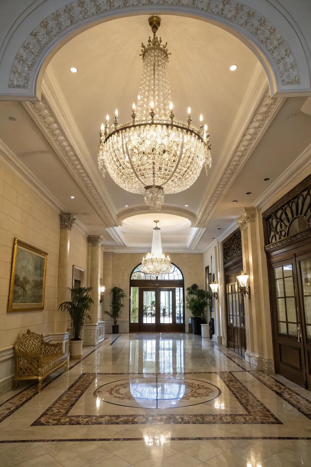 A crystal chandelier brings everlasting sophistication to this entrance area.