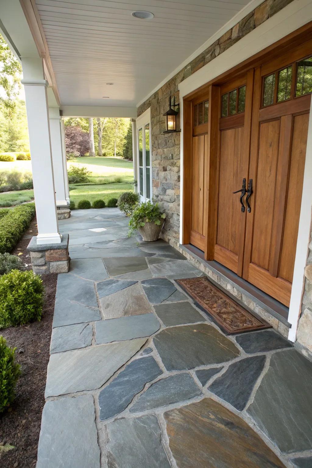 A front porch showcasing a creative combination of stone textures, designed to capture attention right at the entrance.