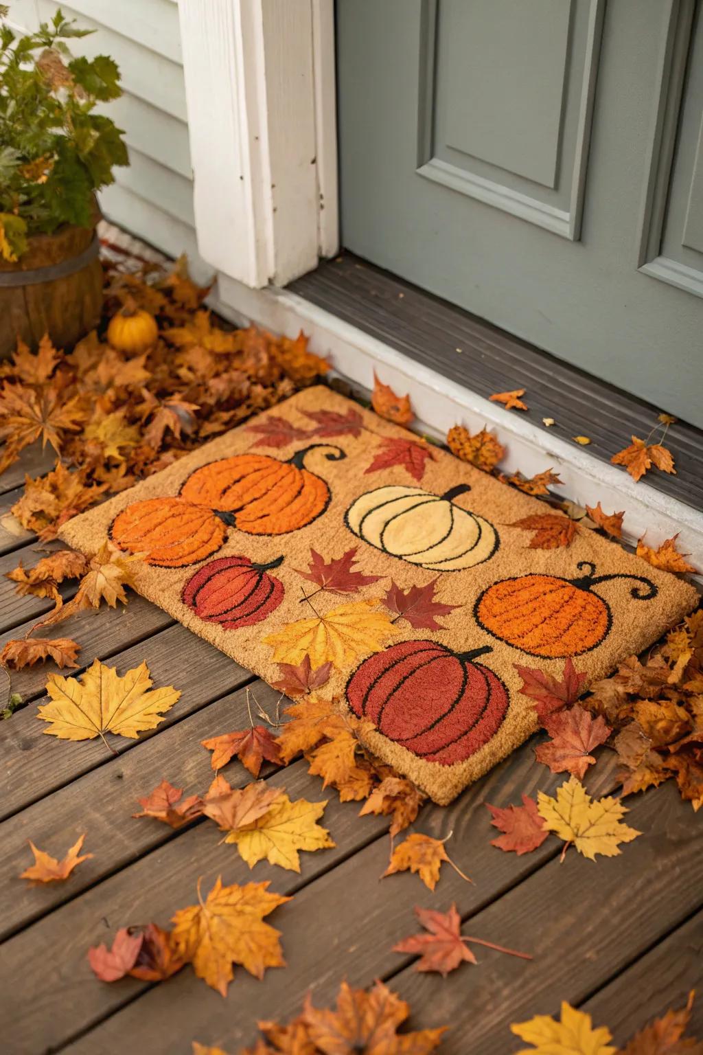 Pumpkin-themed doormat nestled among seasonal foliage.