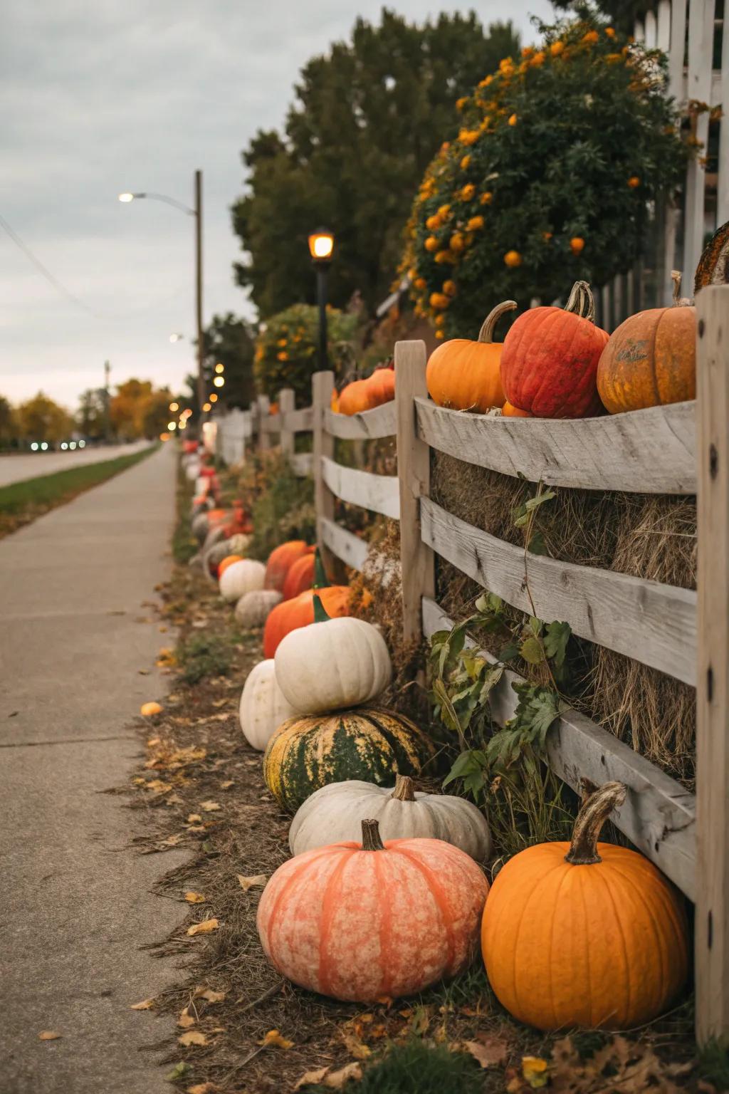 A diverse collection of pumpkins lines a fence, creating a festive autumn tableau.