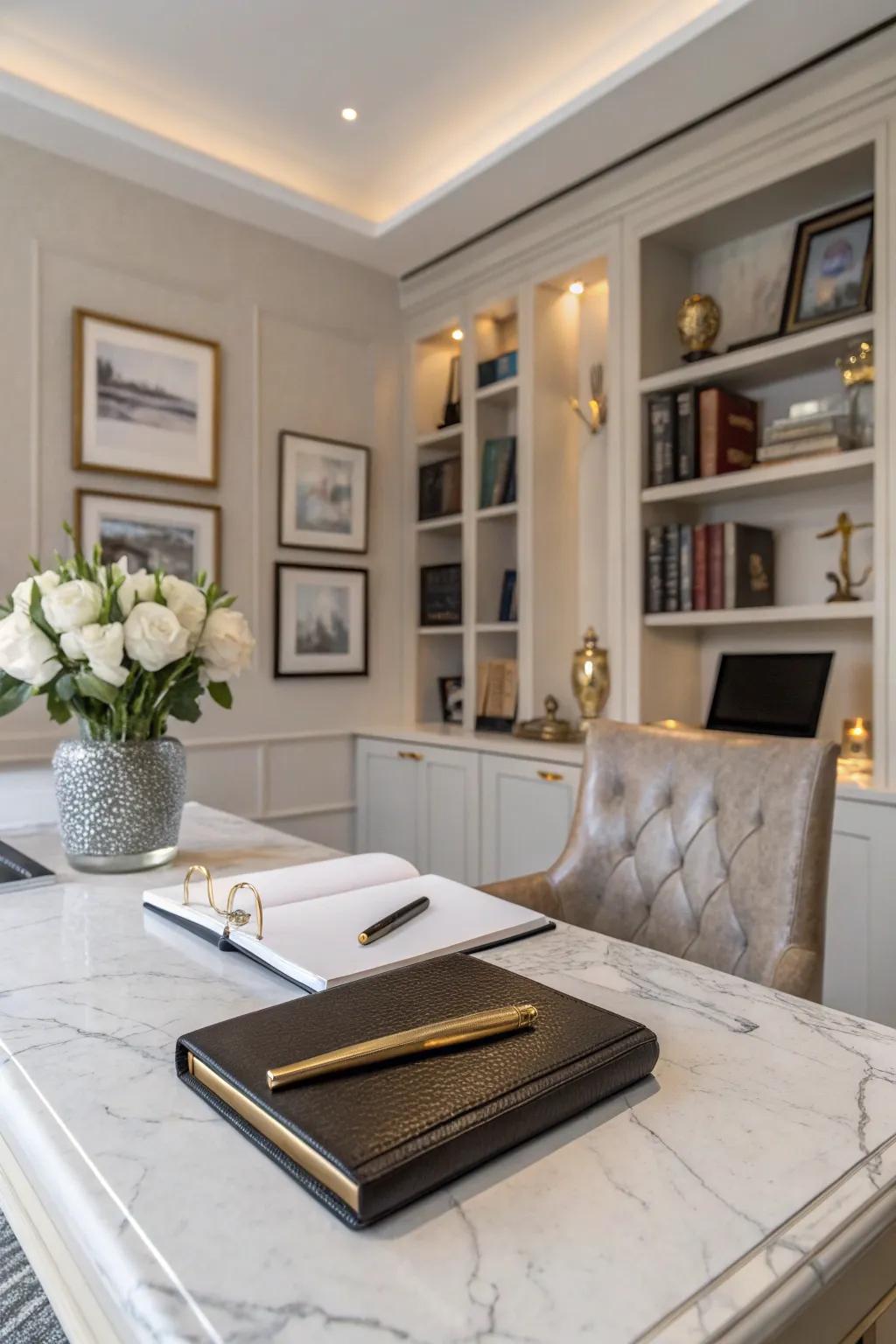 A marble desk adds a touch of luxury to any office.