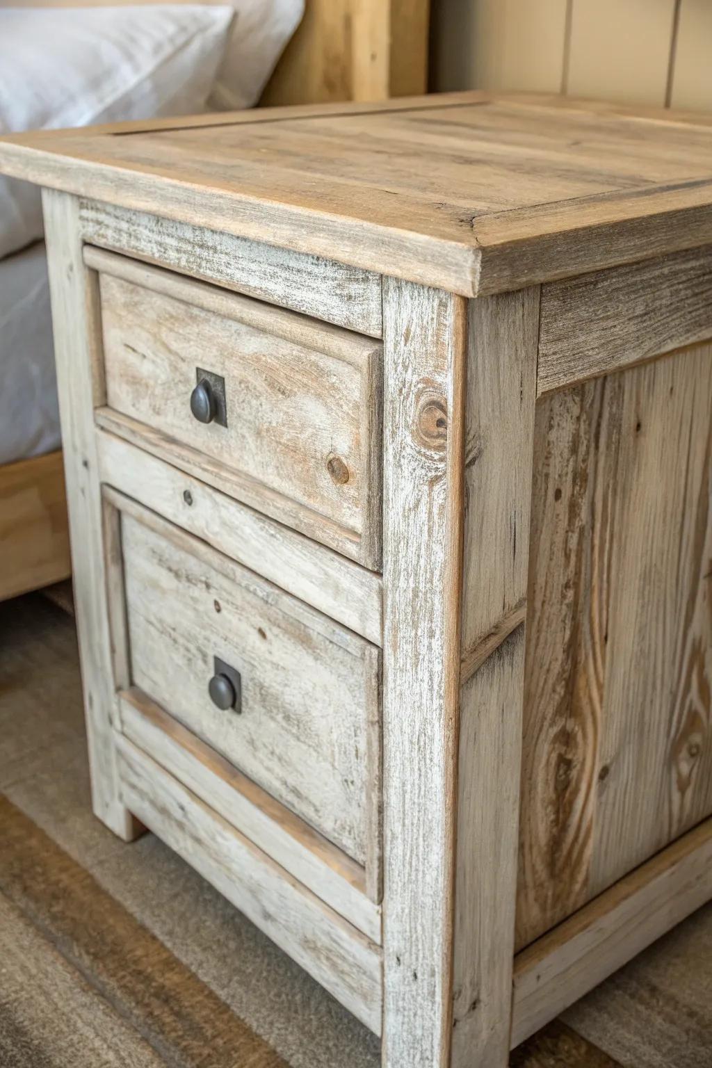 A wooden nightstand sets the stage for farmhouse decor.