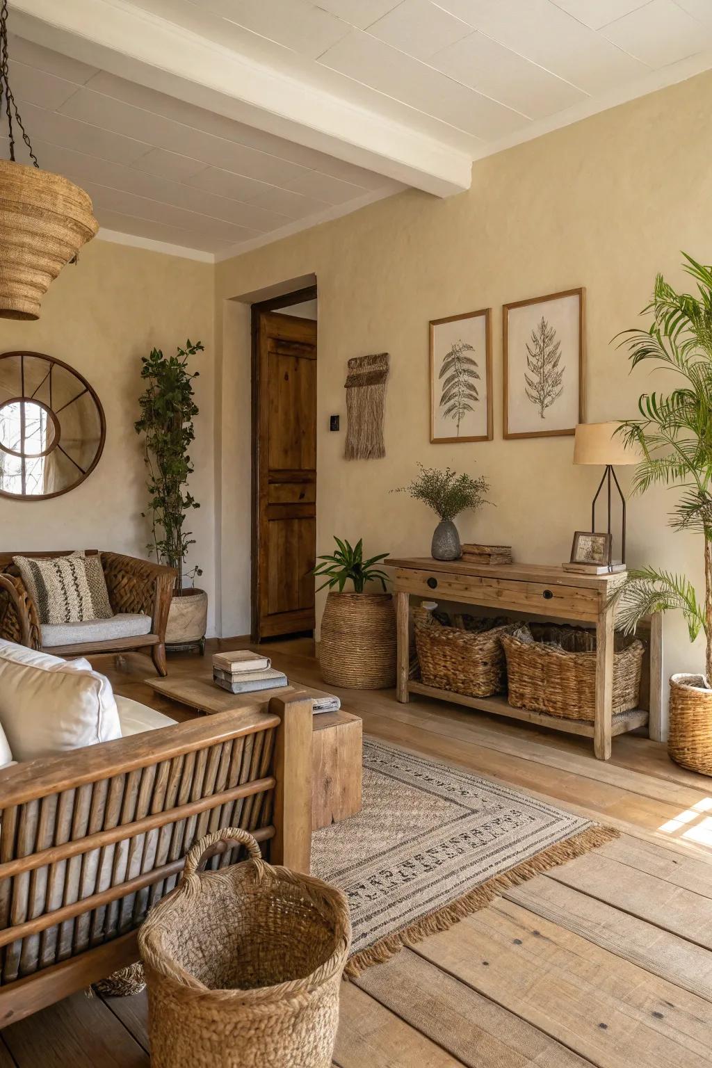 Warm beige walls set a cozy tone in this farmhouse living room.