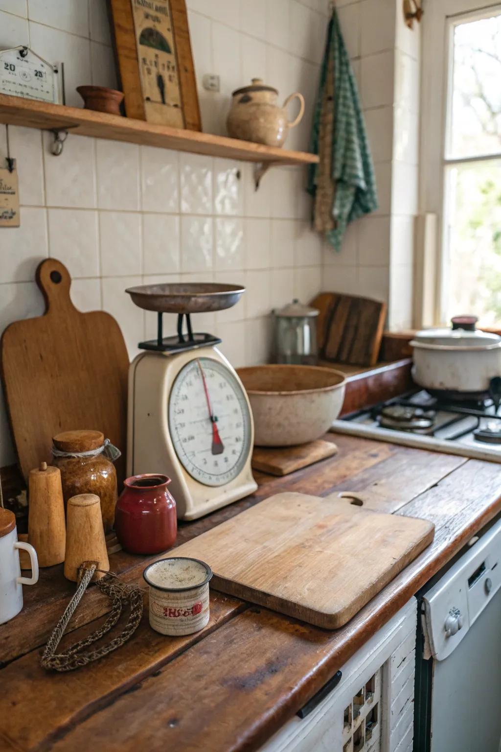 A classic balance as the centerpiece of an appealing cooking area counter.