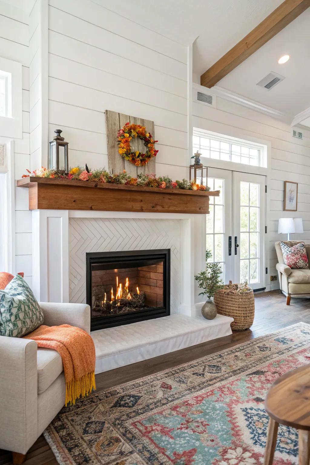 An ageless white plank fireplace introduces refinement to any setting.