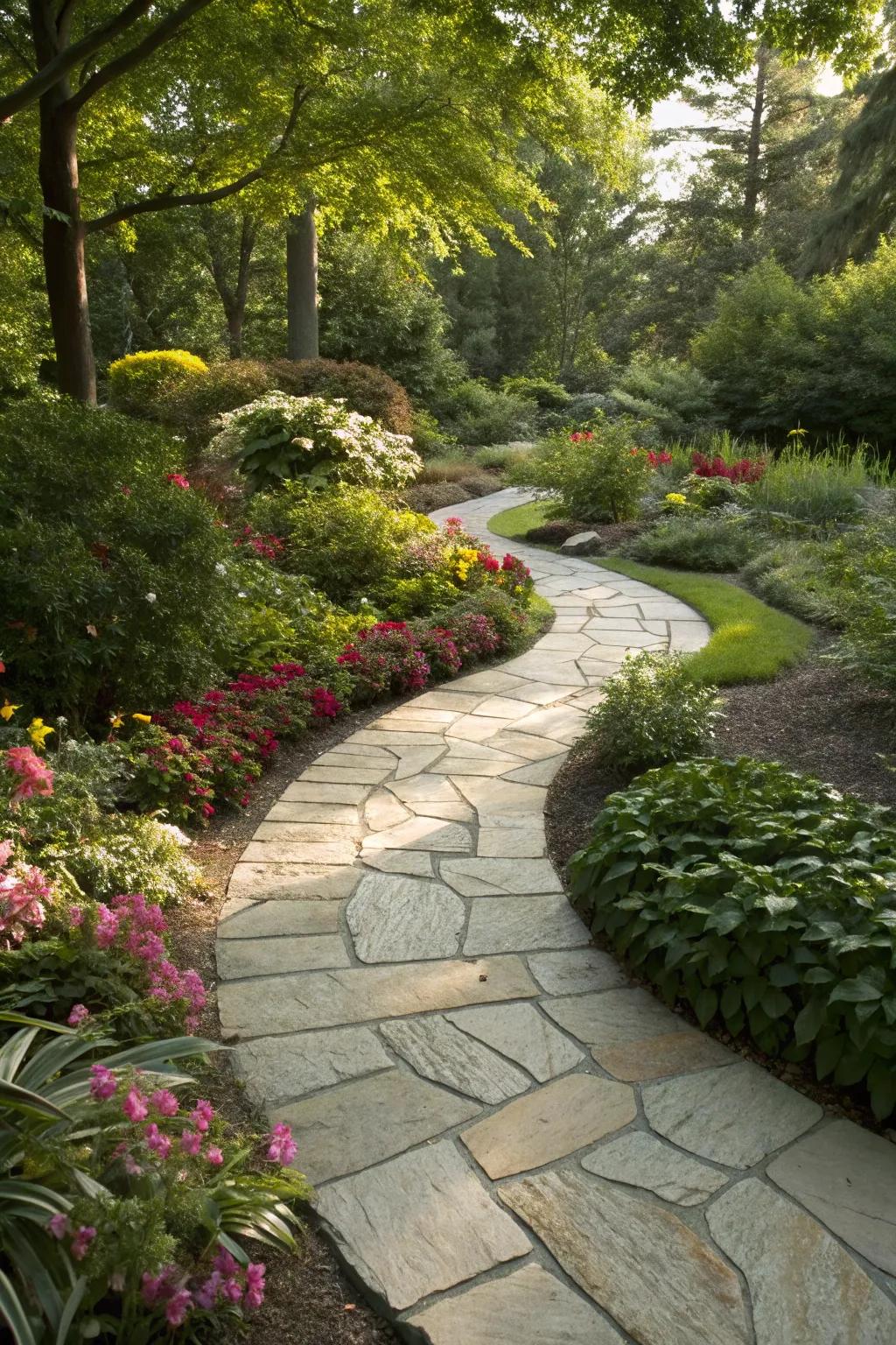 An elegantly curved cobblestone trail meandering through peaceful garden scenery.