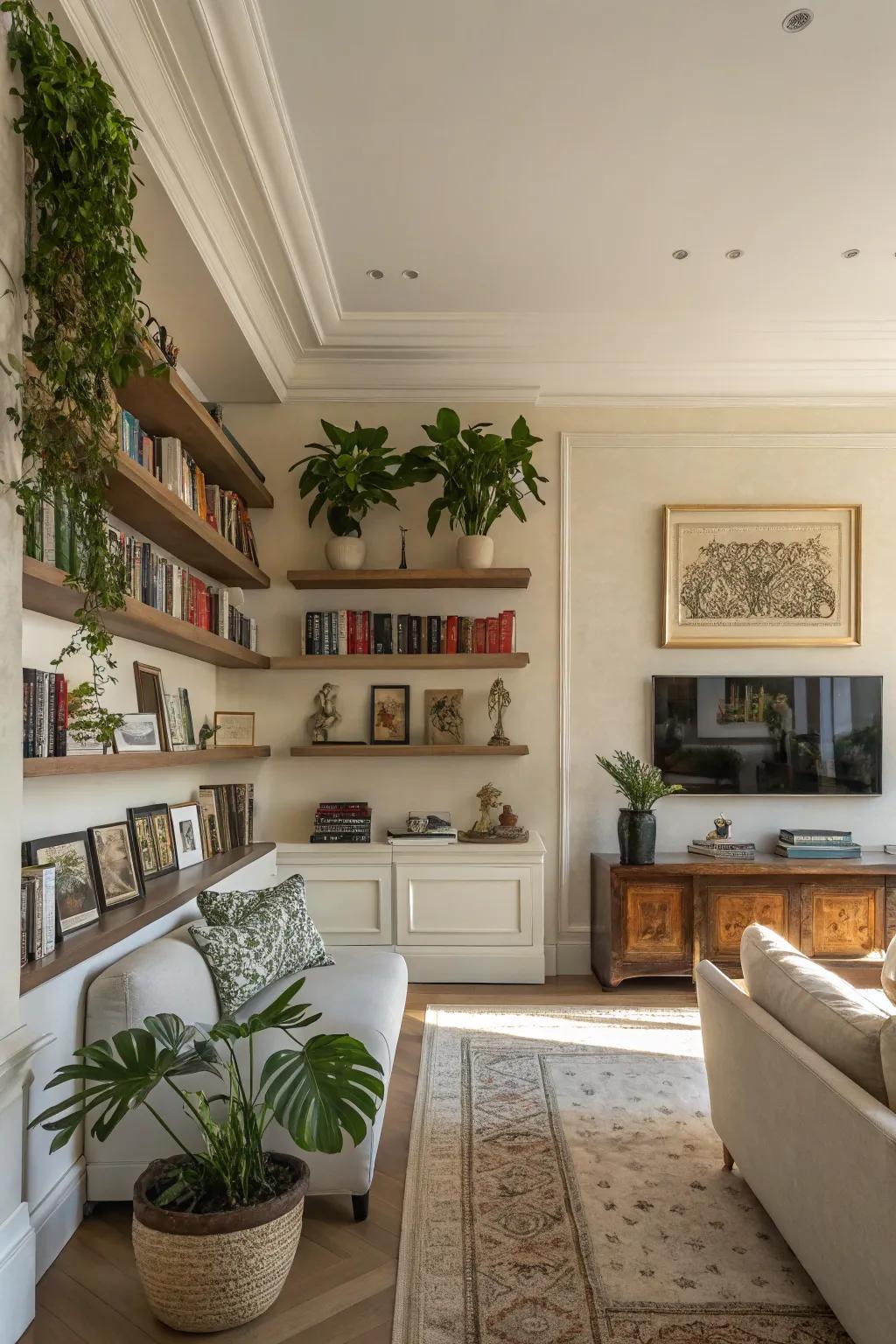 A living room elevated by floating shelves, displaying an array of books and artworks.
