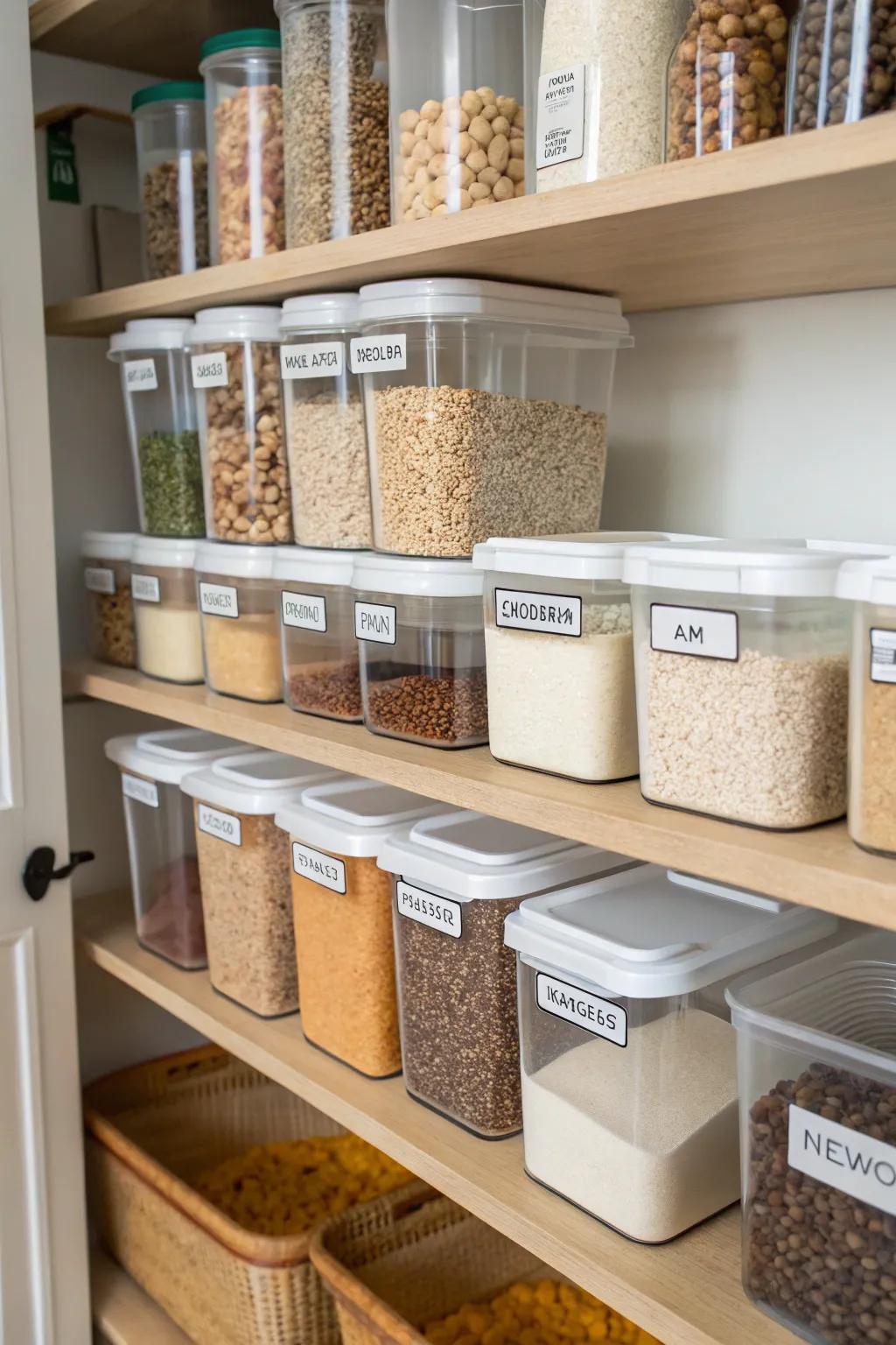 Clear containers offer a sleek and organized look to any pantry.