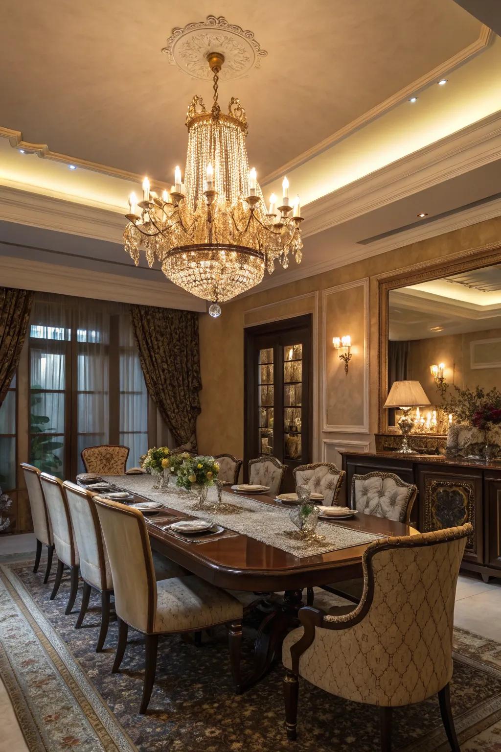 A majestic chandelier adds sophistication and light to your dining space.