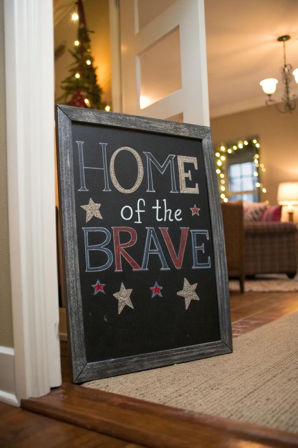 'Home of the Brave' chalkboard art in a welcoming entryway.