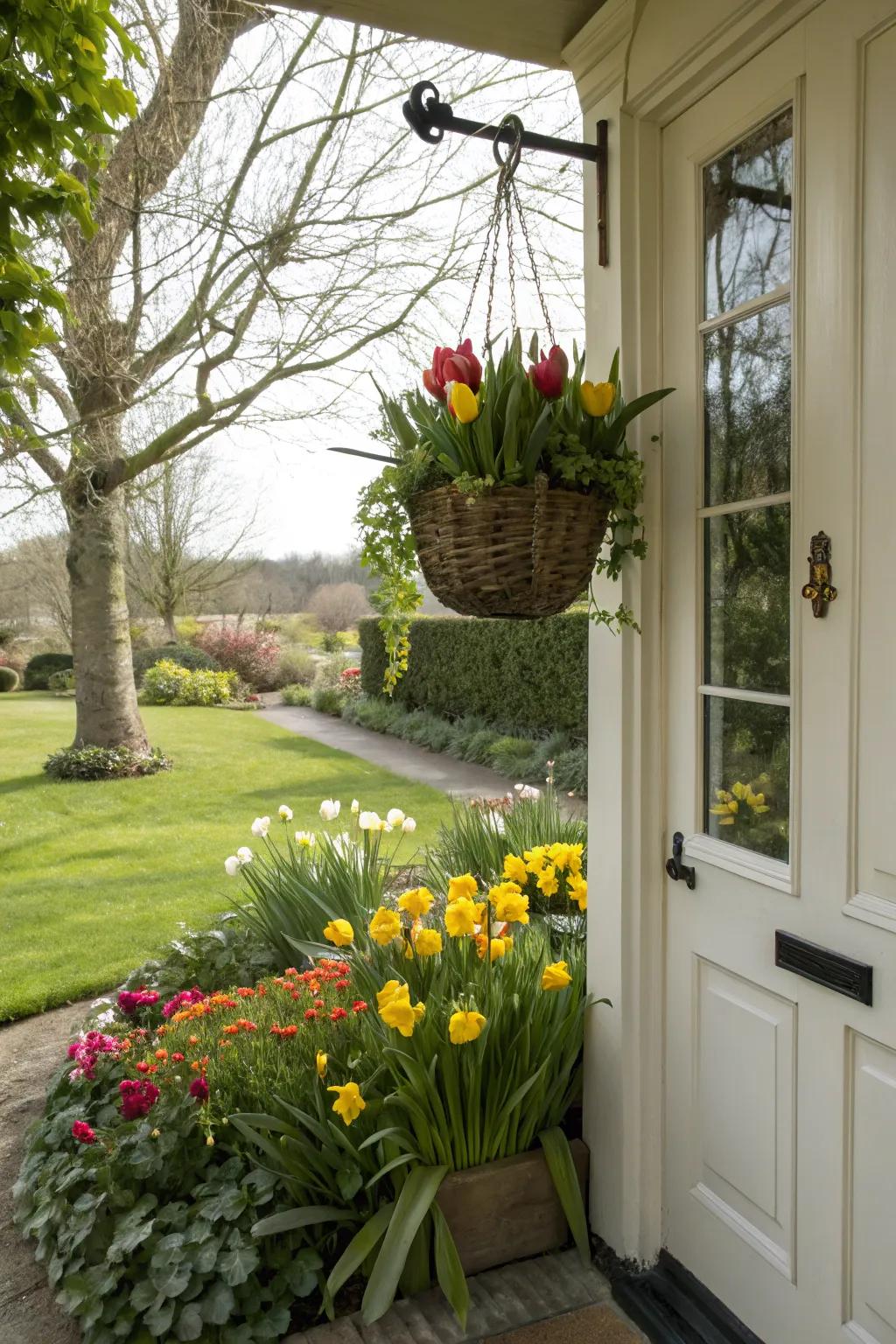 Spring tulips and daffodils bring life and color to your front door.