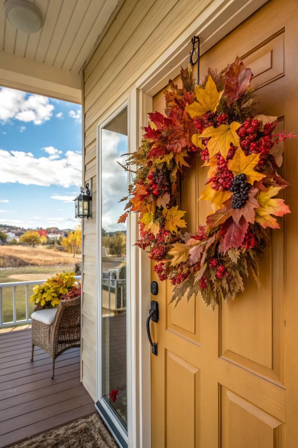 A seasonal garland composed of autumn leaves and berries.
