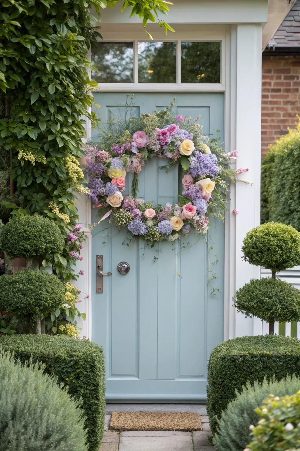 A floral circle on the entry door delivers a timeless, amorous greeting.