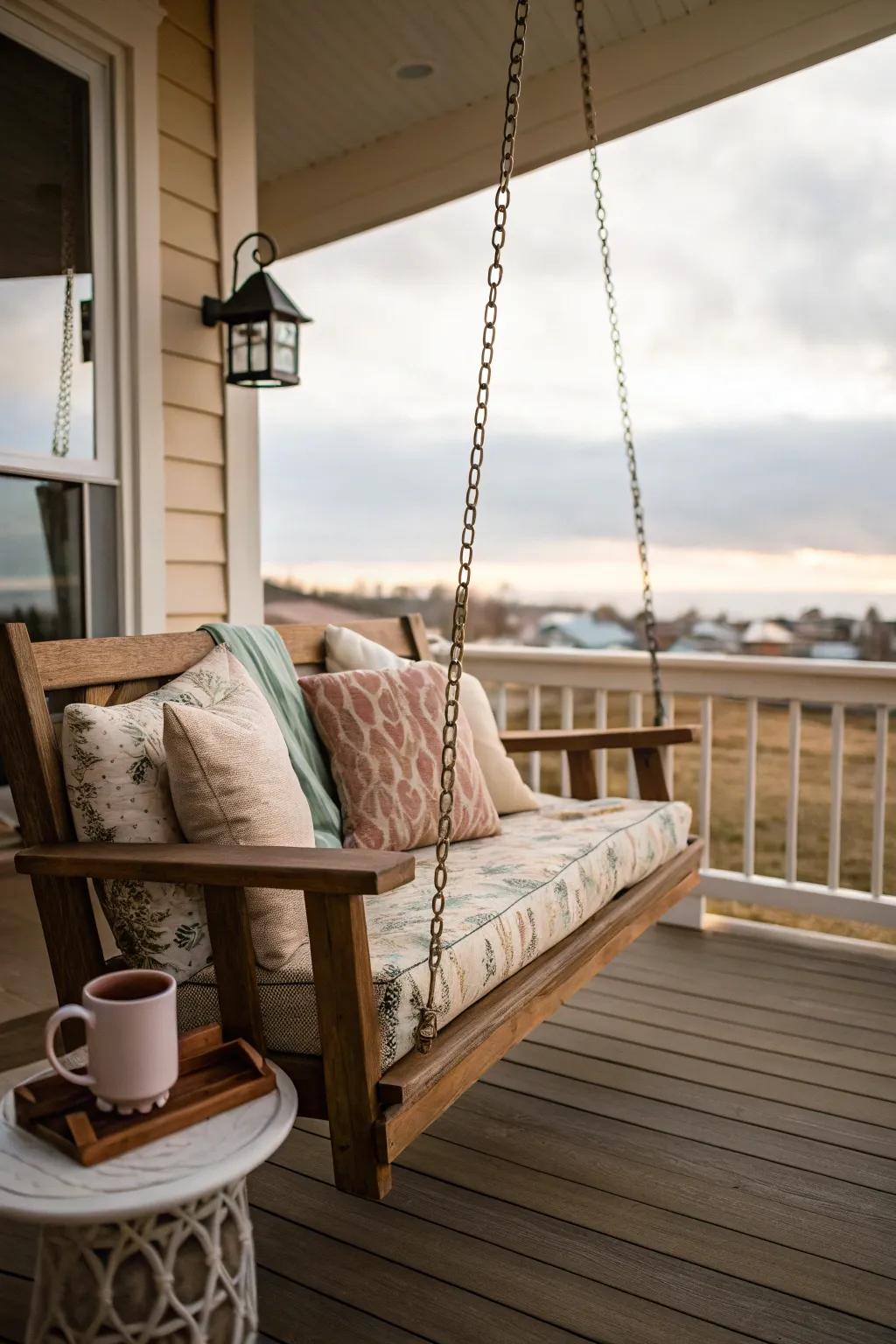 An inviting front porch features a wooden swing with decorative pillows.