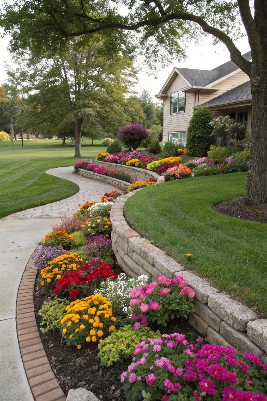 Curved flower beds introduce a natural, flowing rhythm to this lively front yard.